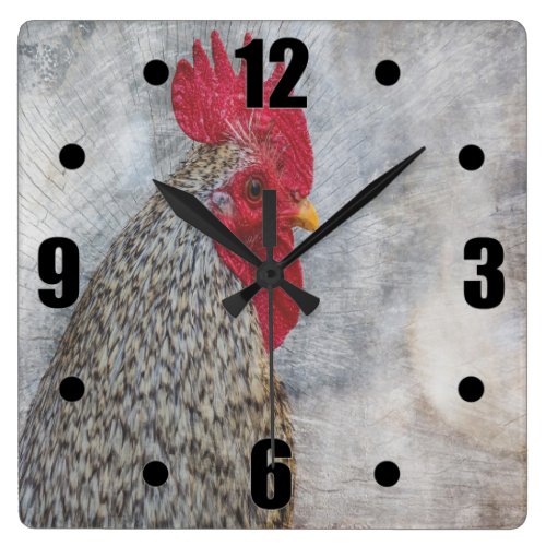 Grey Country Rooster Square Wall Clock