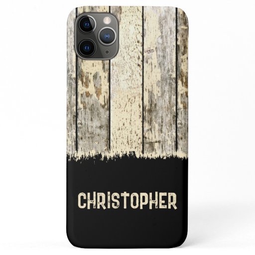 Grey cream and black rustic faux wood add name iPhone 11 pro max case