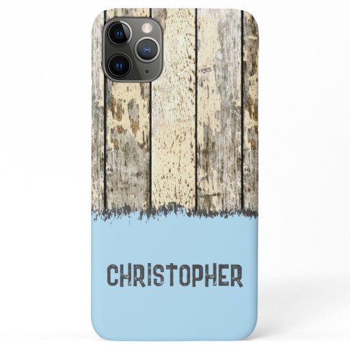 Grey cream and blue rustic faux wood add name iPhone 11 pro max case