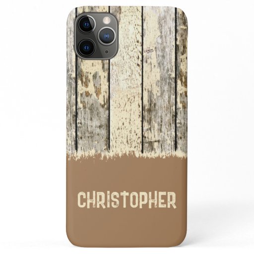 Grey cream and brown rustic faux wood add name iPhone 11 pro max case