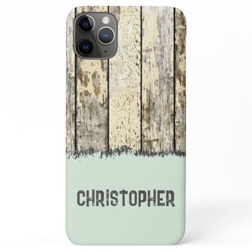 Grey cream and green rustic faux wood add name iPhone 11 pro max case