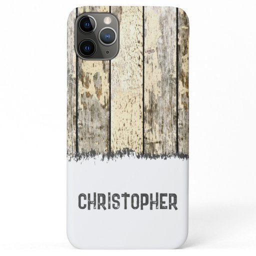 Grey cream and white rustic faux wood add name iPhone 11 pro max case