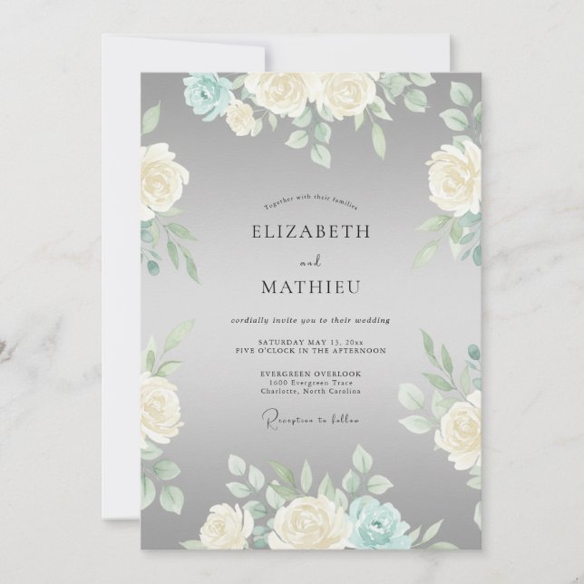 Grey Cream Blossom Romance Wedding Invitation (Front)