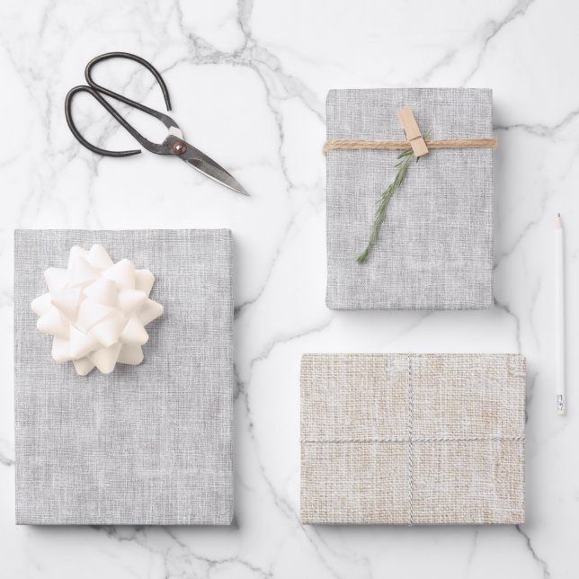 Grey Cream Faux Linen Wedding Wrapping Paper Sheets (Front)