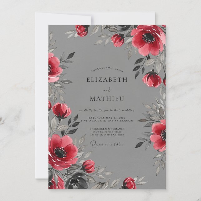 Grey Crimson Dramatic Winter Wedding Invitation (Front)