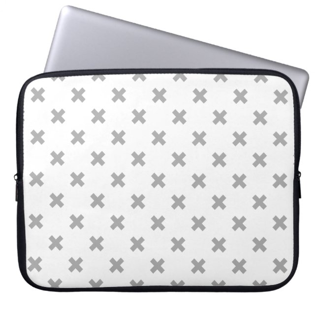 Grey cross stitches on white laptop sleeve (Front)