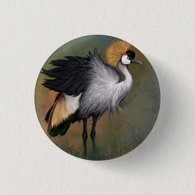 Grey Crowned Crane Bird Button - Painting (Front)