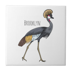 Grey crowned crane bird cartoon illustration  ceramic tile