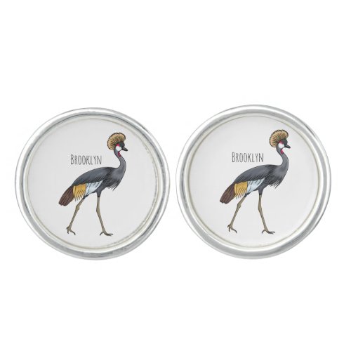 Grey crowned crane bird cartoon illustration  cufflinks