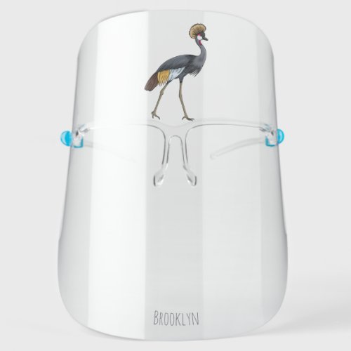 Grey crowned crane bird cartoon illustration  face shield