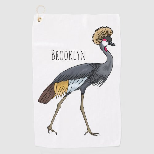 Grey crowned crane bird cartoon illustration  golf towel