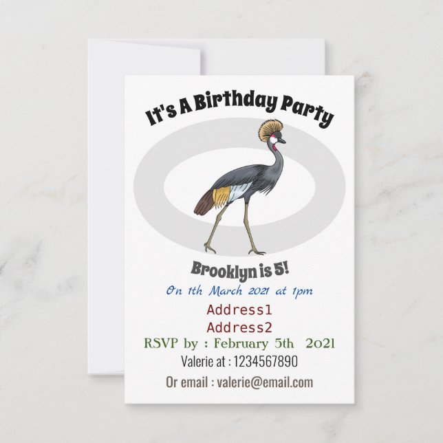 Grey crowned crane bird cartoon illustration  invitation (Front)