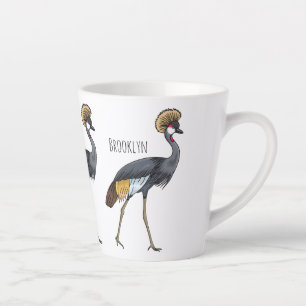 Grey crowned crane bird cartoon illustration latte mug