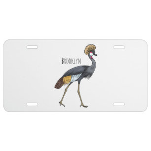 Grey crowned crane bird cartoon illustration license plate