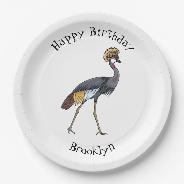 Grey crowned crane bird cartoon illustration  paper plates (Front)