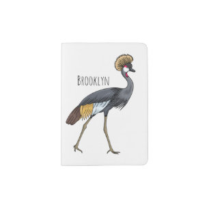 Grey crowned crane bird cartoon illustration passport holder