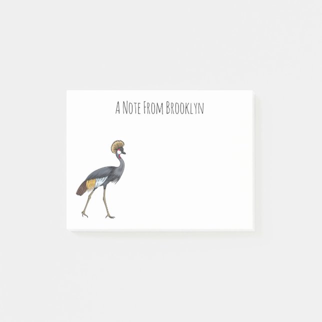 Grey crowned crane bird cartoon illustration  post-it notes (Front)