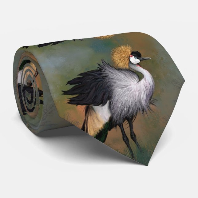 Grey Crowned Crane Bird Neck Tie (Rolled)