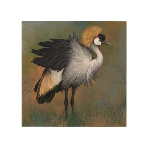 Grey Crowned Crane Bird Wood Wall Art _ Painting
