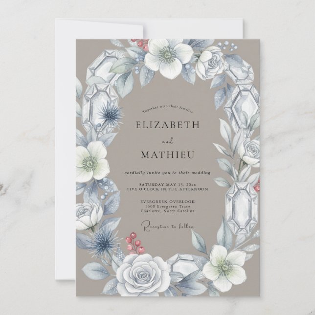 Grey Crystal Floral Arch Wedding Invitation (Front)