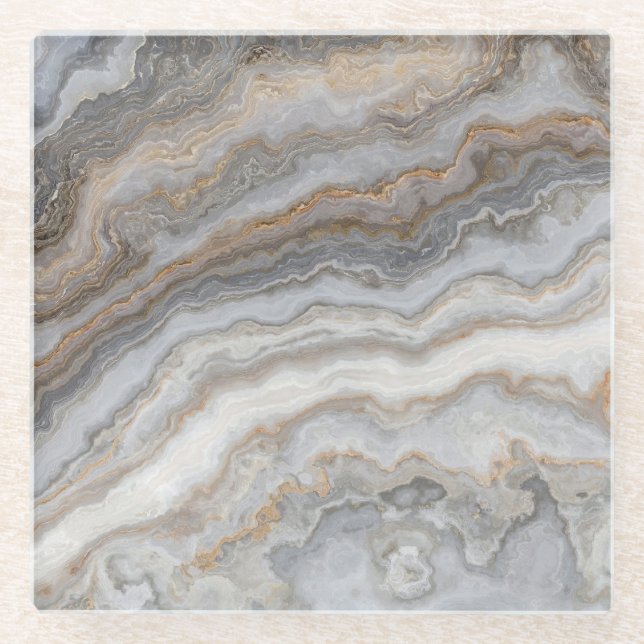 Grey Curly Marble: Golden Veins Glass Coaster (Front)