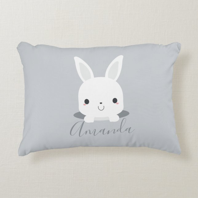 Grey Cute Little Bunny Rabbit with Custom Name Accent Pillow (Front)