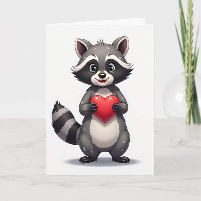 Grey Cute Raccoon Valentine Card (Front)