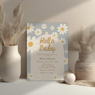 Grey Daisy Hello Baby Retro Boho Baby Shower Invitation