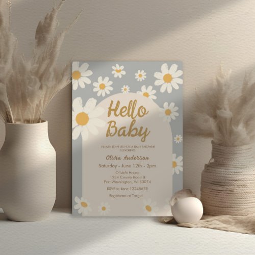 Grey Daisy Hello Baby Retro Boho Baby Shower  Invitation