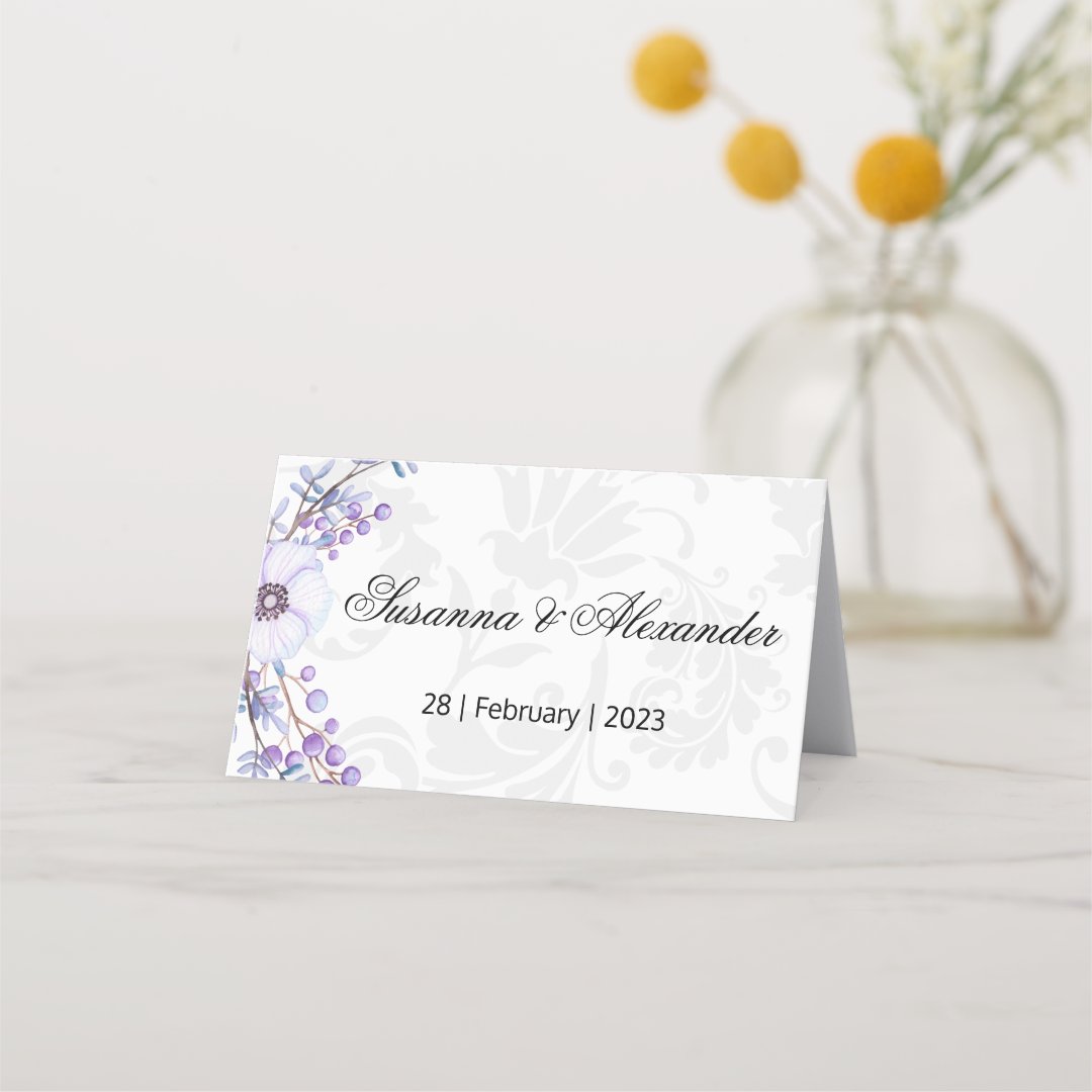 Grey Damask and Purple Berry Wedding Place Card Zazzle