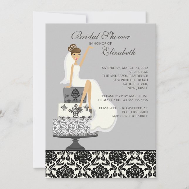 Grey Damask Brunette Bride Bridal Shower Invitation (Front)