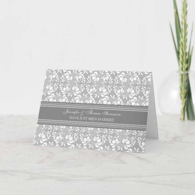 Grey Damask Just Married Announcement Card (Front)