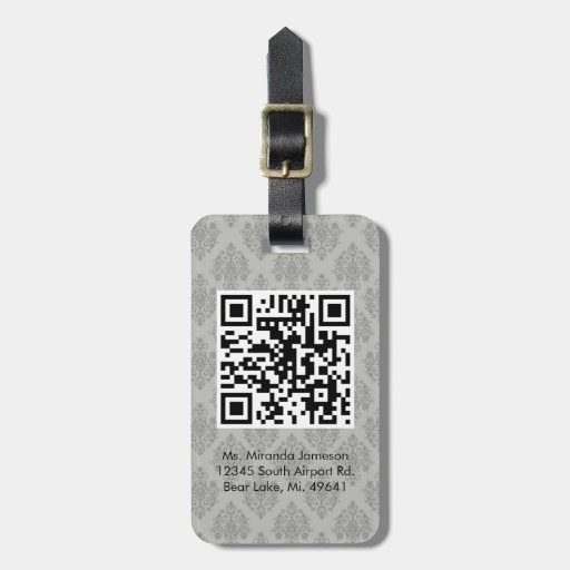 Grey Damask QR CODE Custom Luggage Tag Zazzle