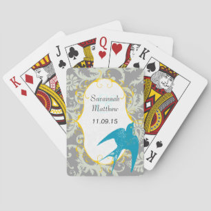 Grey Damask Teal Sparrow  Wedding Playing Card
