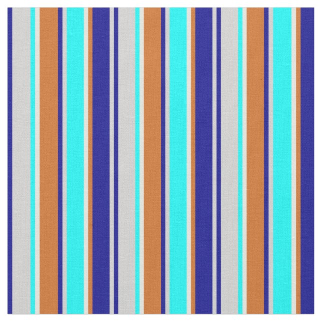 Grey, Dark Blue, Chocolate, Beige & Cyan Lines Fabric (Close Up)
