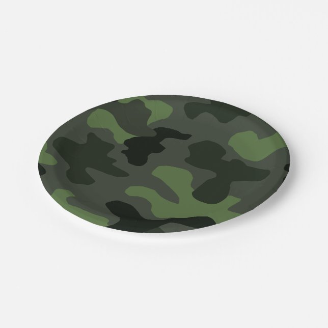 Grey dark green camouflage no.14 print  paper plates (Angled)
