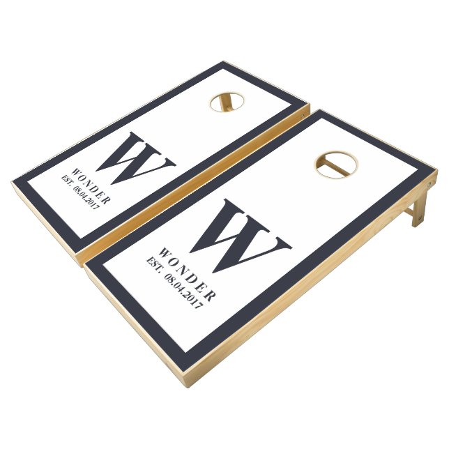 Grey Dark Lake Wedding Newly Wed Monogram Cornhole Set (Angled)