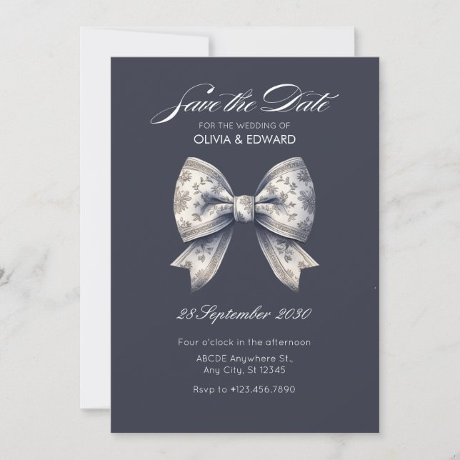 Grey decorative bow wedding save the date (Front)