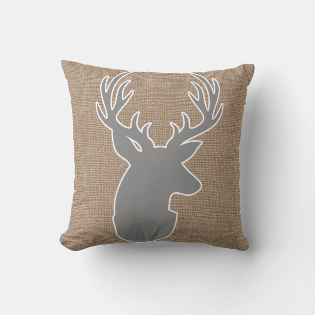 Grey Deer Bust on Brown Faux Burlap Throw Pillow (Front)