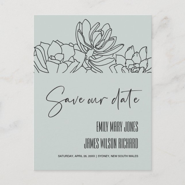 GREY DESERT CACTI SUCCULENT SKETCH SAVE THE DATE ANNOUNCEMENT POSTCARD (Front)