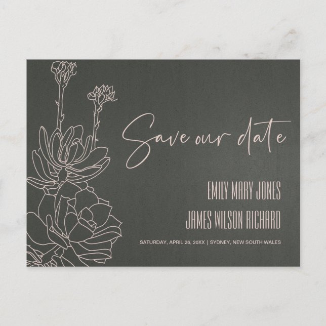 GREY DESERT CACTI SUCCULENT SKETCH SAVE THE DATE ANNOUNCEMENT POSTCARD (Front)