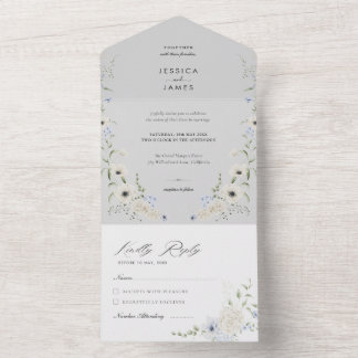 Grey | Detachable RSVP | Minimalist Wedding All In One Invitation