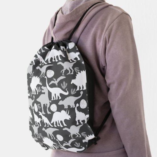 Grey Dino Pattern D Grey BG Drawstring Bag