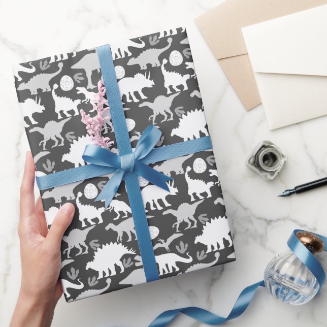 Grey Dino Pattern D Grey BG Wrapping Paper (Gifting)