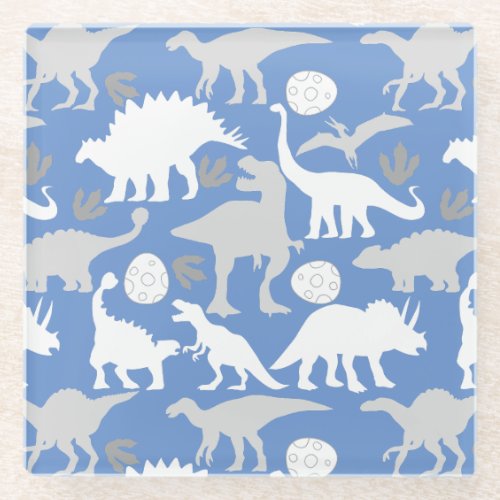 Grey Dino Pattern L Blue BG Glass Coaster