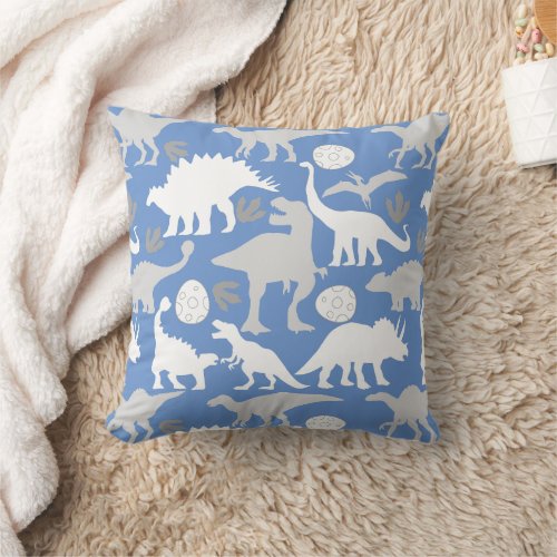 Grey Dino Pattern L Blue BG Throw Pillow