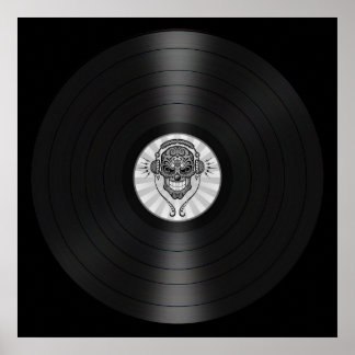 Grey Dj Sugar Skull on Vinyl Record Graphic Poster