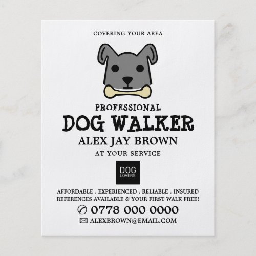 Grey Dog with Bone Dog Walker Advertising Flyer