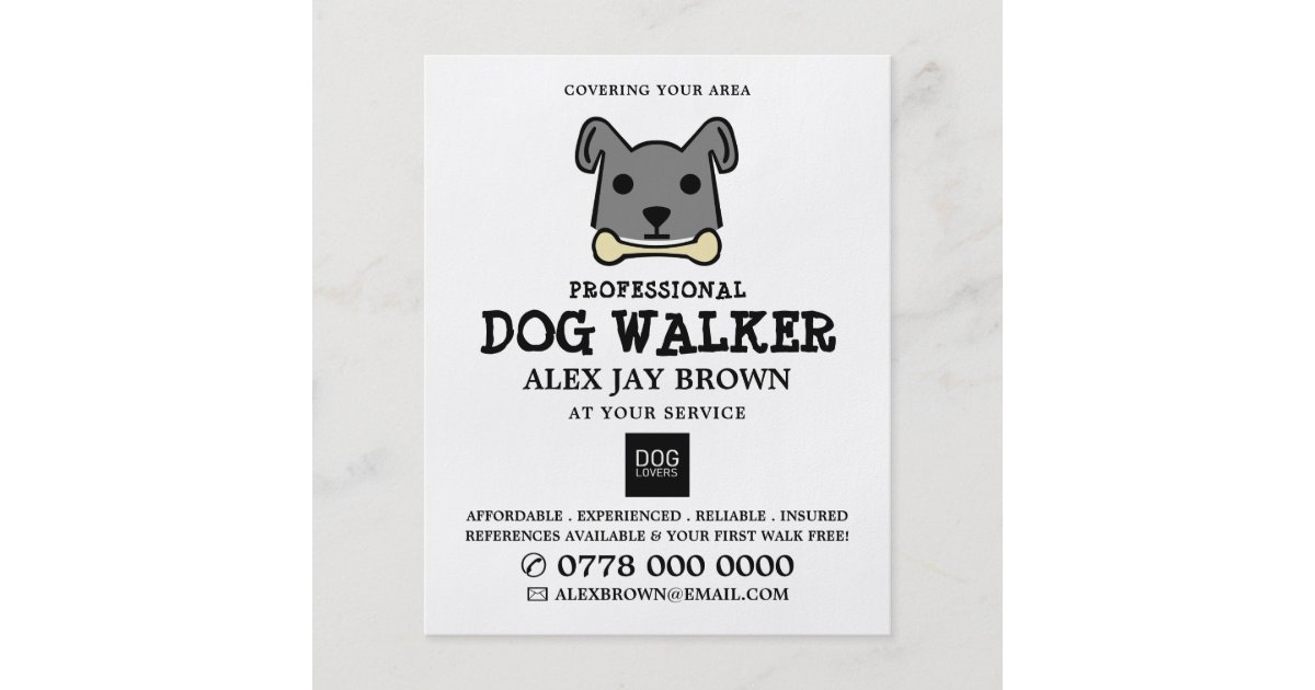 Grey Dog with Bone, Dog Walker Advertising Flyer Zazzle