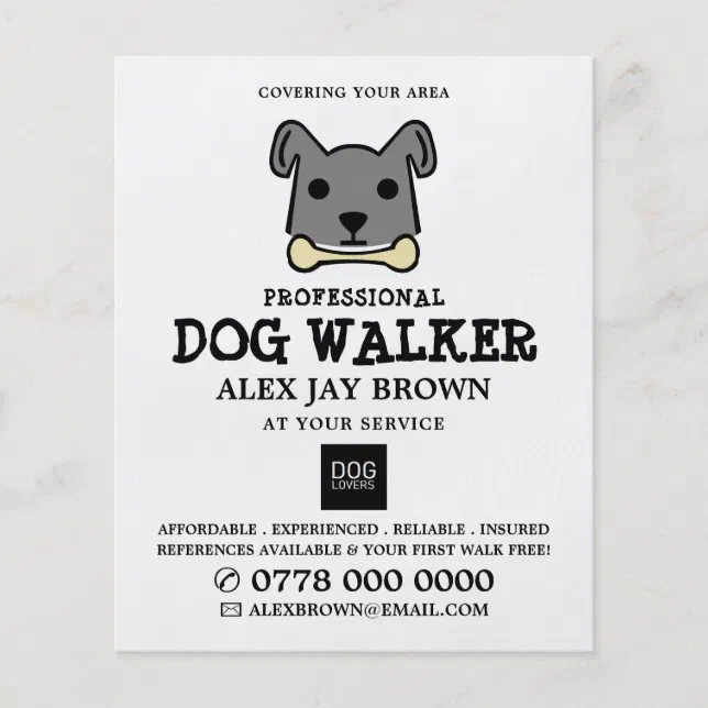 Grey Dog with Bone, Dog Walker Advertising Flyer Zazzle